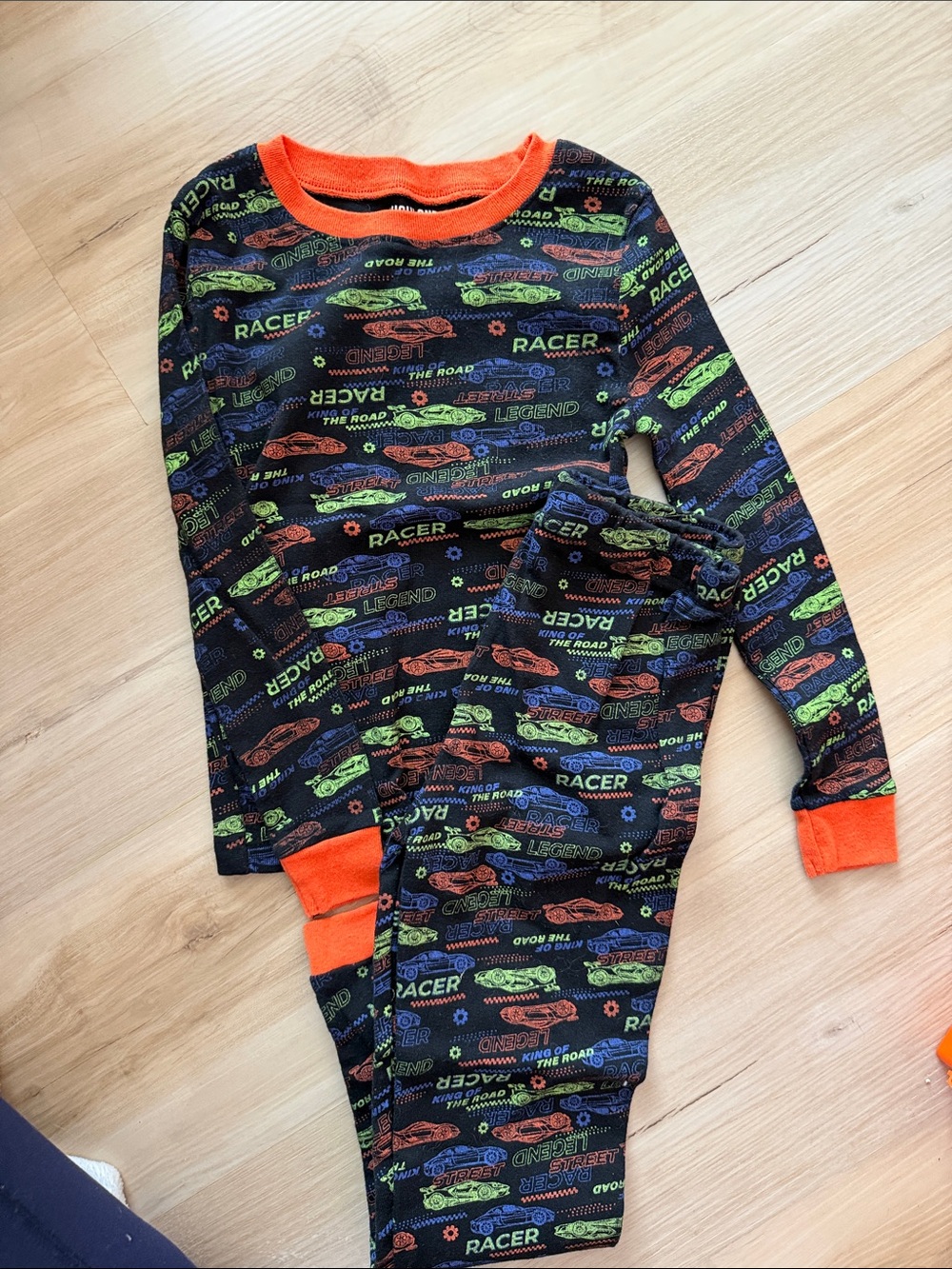 Kids Racing Cars Pajama Set - Black with Orange & Green Accents